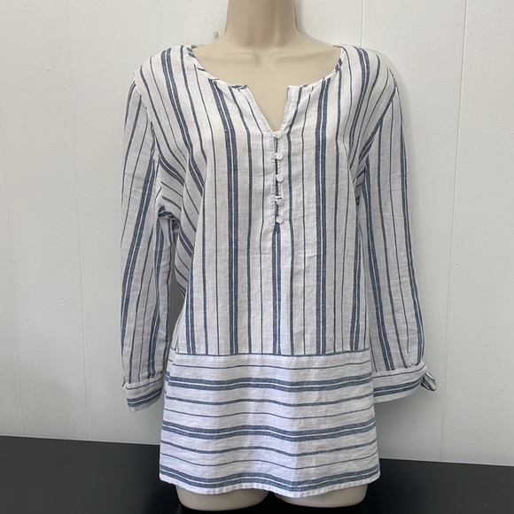 Liz Claiborne Tops - Liz Claiborne Striped Linen Tunic Cotton Blend Shirt Blouse Boho Boxy fi…